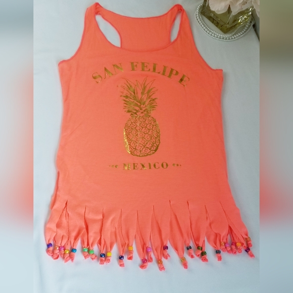 NEW Neon Orange Beaded Fringe Hem Racerback Tank Top / Swimsuit Coverup … - Picture 1 of 10